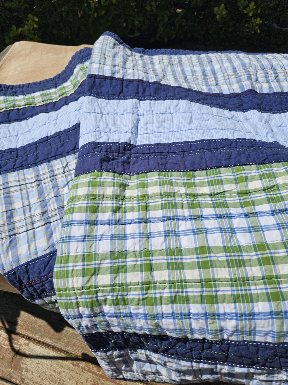 Pottery Barn Kids Blue, Navy & Green Plaid Cotton Quilt - Twin